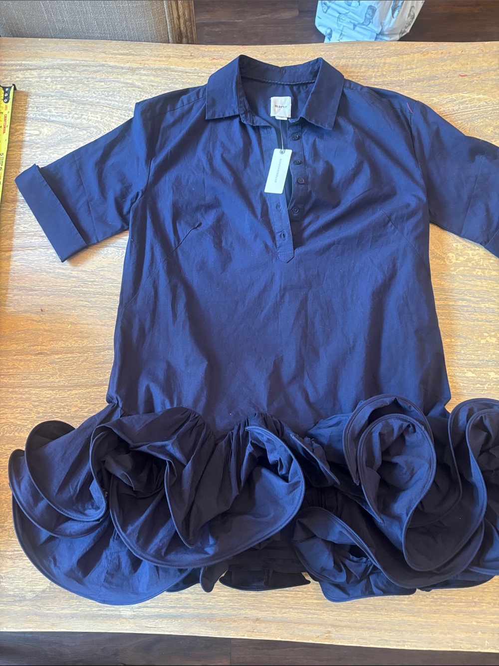 Maeve Cuffed sleeve Navy Button-Front Ruffle Mini Dress